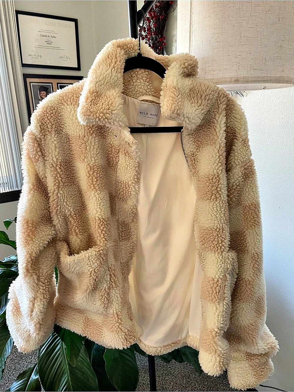 Wild Rose Los Angeles Checkered Sherpa Teddy Jacket Cream & Brown